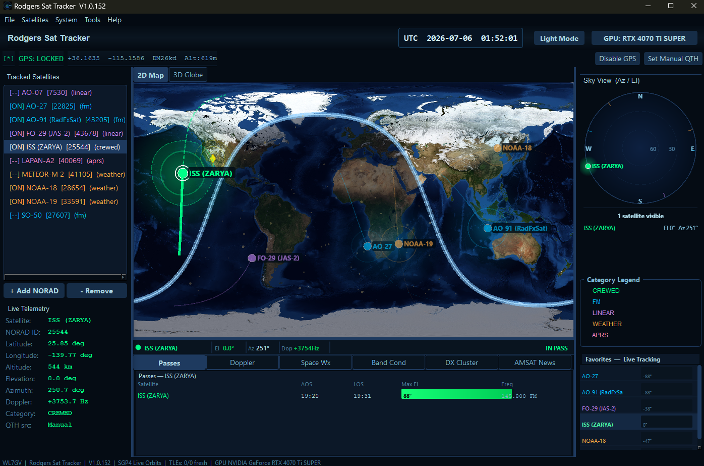 Rodger's Sat Tracker 3D globe view with satellite labels, orbit tracks, sun marker, and GPU status.