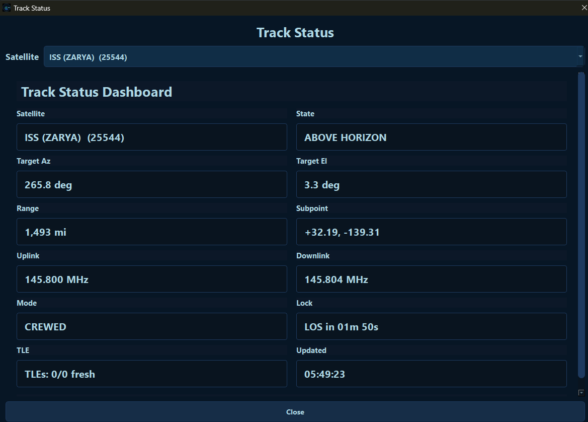 Track Status dashboard with satellite state, azimuth, elevation, range, uplink, downlink, mode, and lock time.